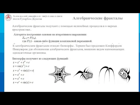 Алгебраические фракталы Алгебраические фракталы получают с помощью нелинейных процессов в n-мерных пространствах..