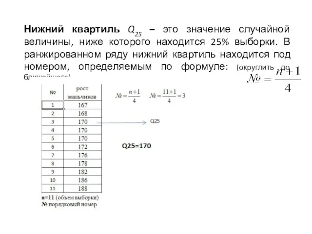 Нижний квартиль Q25 – это значение случайной величины, ниже которого находится 25%