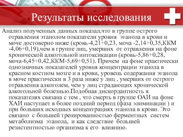 Результаты исследования Анализ полученных данных показал,что в группе острого отравления этанолом показатели