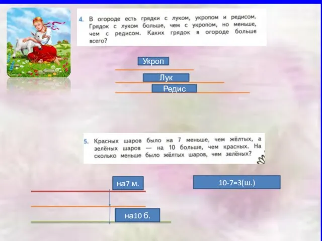 Укроп Лук Редис на7 м. на10 б. 10-7=3(ш.)