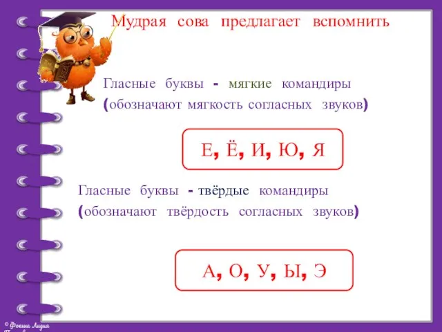 Мудрая сова предлагает вспомнить Гласные буквы - мягкие командиры (обозначают мягкость согласных