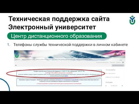 Техническая поддержка сайта Электронный университет Центр дистанционного образования Телефоны службы технической поддержки в личном кабинете