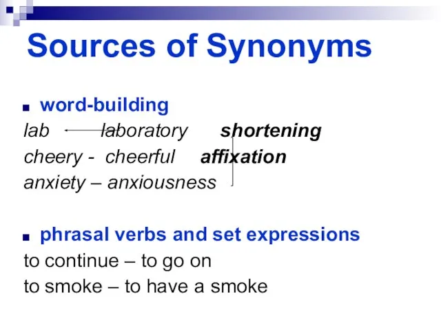 Sources of Synonyms word-building lab laboratory shortening cheery - cheerful affixation anxiety