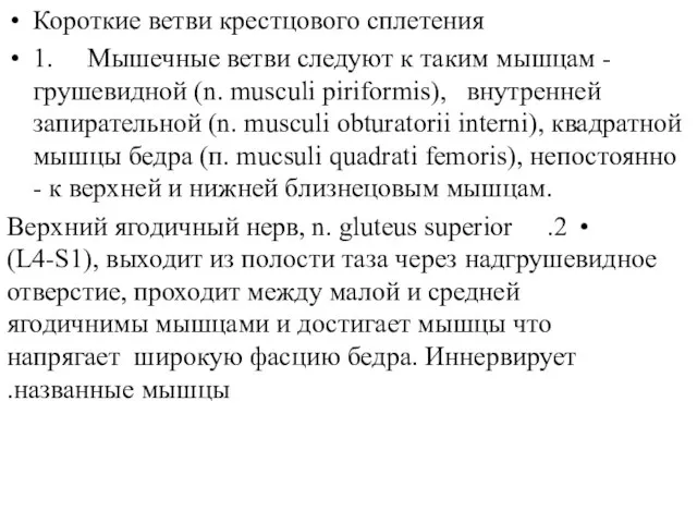 Короткие ветви крестцового сплетения 1. Мышечные ветви следуют к таким мышцам -