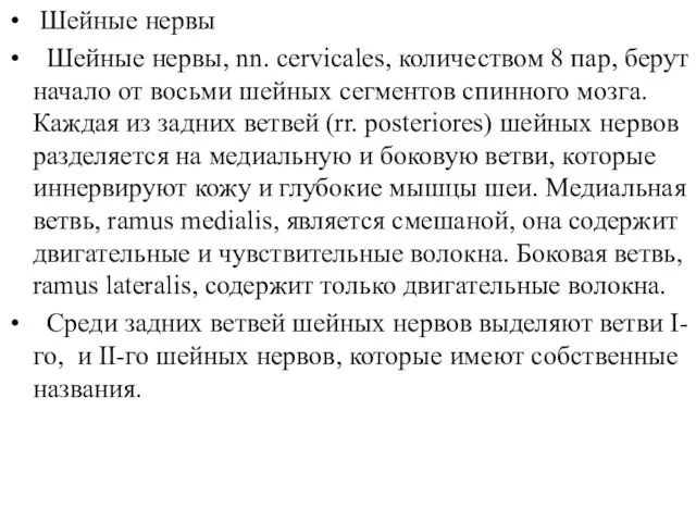 Шейные нервы Шейные нервы, nn. cervicales, количеством 8 пар, берут начало от