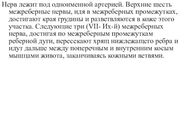 Нерв лежит под одноименной артерией. Верхние шесть межреберные нервы, идя в межреберных