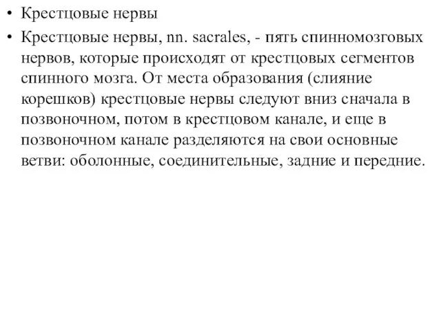 Крестцовые нервы Крестцовые нервы, nn. sacrales, - пять спинномозговых нервов, которые происходят