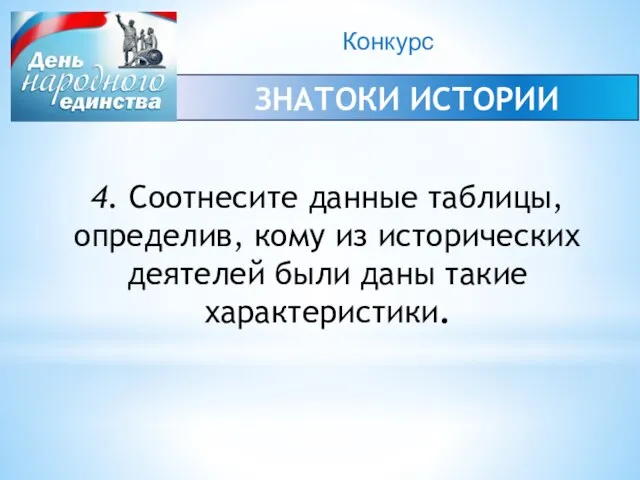 Конкурс ЗНАТОКИ ИСТОРИИ 4. Соотнесите данные таблицы, определив, кому из исторических деятелей были даны такие характеристики.