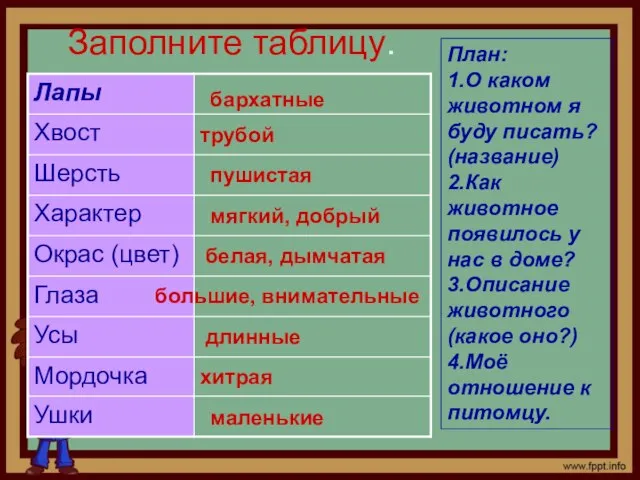 Заполните таблицу. бархатные трубой длинные пушистая мягкий, добрый белая, дымчатая большие, внимательные