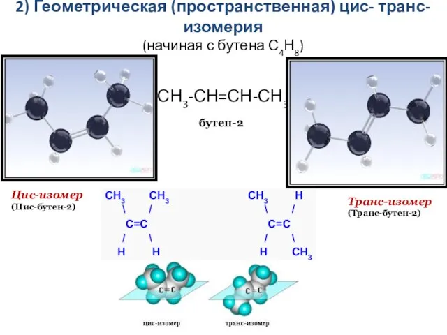 2) Геометрическая (пространственная) цис- транс-изомерия (начиная с бутена С4Н8) Транс-изомер (Транс-бутен-2) Цис-изомер (Цис-бутен-2) СН3-СН=СН-СН3 бутен-2