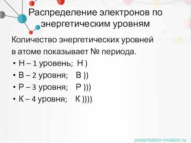 Распределение электронов по энергетическим уровням Количество энергетических уровней в атоме показывает №