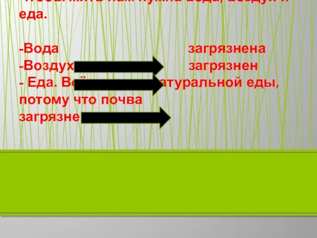 Чтобы жить нам нужна вода, воздух и еда. -Вода загрязнена -Воздух загрязнен