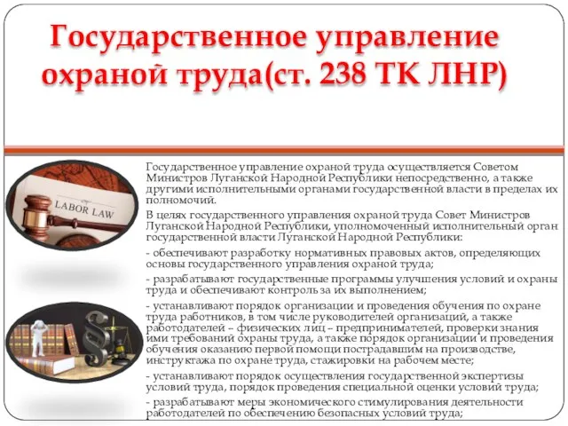 Государственное управление охраной труда(ст. 238 ТК ЛНР) Государственное управление охраной труда осуществляется