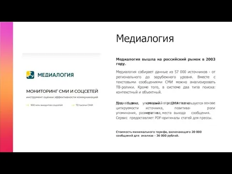 Медиалогия Стоимость минимального тарифа, включающего 20 000 сообщений для анализа - 36