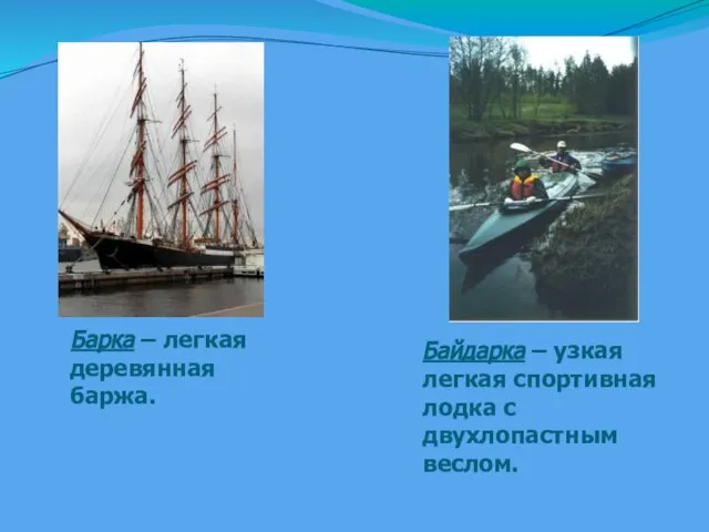 Байдарка – узкая легкая спортивная лодка с двухлопастным веслом. Барка – легкая деревянная баржа.