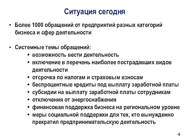 Ситуация сегодня Более 1000 обращений от предприятий разных категорий бизнеса и сфер