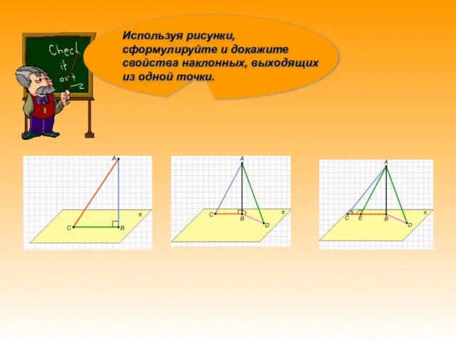 Используя рисунки, сформулируйте и докажите свойства наклонных, выходящих из одной точки.