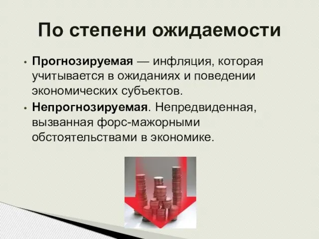 Прогнозируемая — инфляция, которая учитывается в ожиданиях и поведении экономических субъектов. Непрогнозируемая.