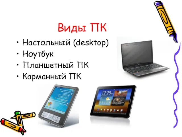 Виды ПК Настольный (desktop) Ноутбук Планшетный ПК Карманный ПК