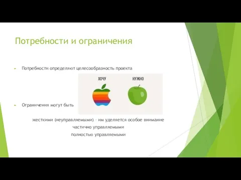 Потребности и ограничения Потребности определяют целесообразность проекта Ограничения могут быть жесткими (неуправляемыми)