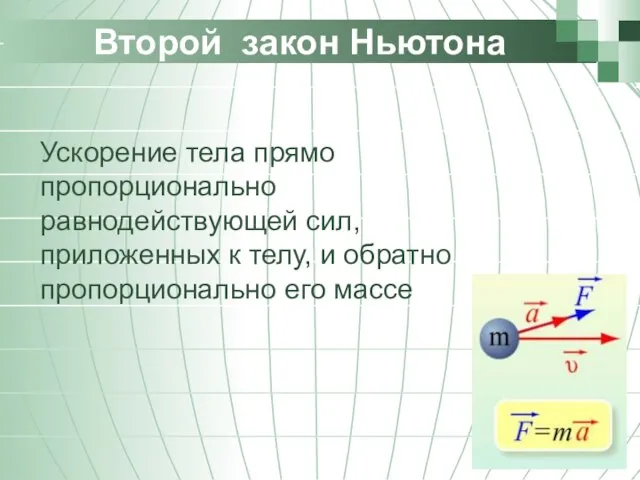 Второй закон Ньютона Ускорение тела прямо пропорционально равнодействующей сил, приложенных к телу,