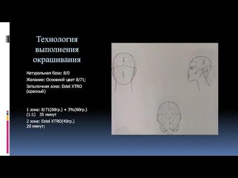 Технология выполнения окрашивания Натуральная база: 8/0 Желание: Основной цвет 8/71; Затылочная зона: