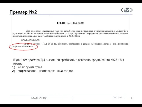 Пример №2 04.03.2019 МАД РК КС В данном примере ДЦ выполнил требования