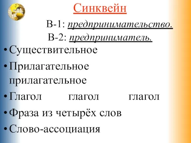 Синквейн В-1: предпринимательство. В-2: предприниматель. Существительное Прилагательное прилагательное Глагол глагол глагол Фраза из четырёх слов Слово-ассоциация