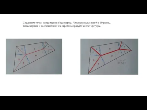 Соединим точки пересечения биссектрис. Четырехугольники 9 и 10 равны. Биссектрисы и соединяющий