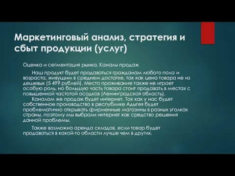 Маркетинговый анализ, стратегия и сбыт продукции (услуг) Оценка и сегментация рынка. Каналы