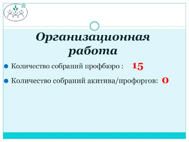 Количество собраний профбюро : 15 Количество собраний акитива/профоргов: 0 Организационная работа