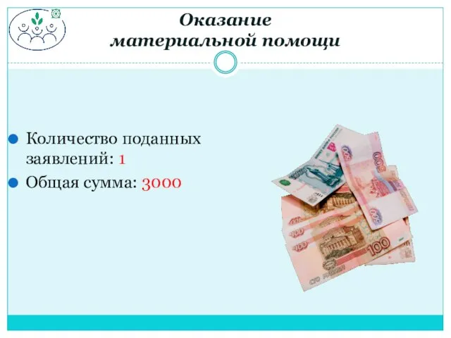 Количество поданных заявлений: 1 Общая сумма: 3000 Оказание материальной помощи