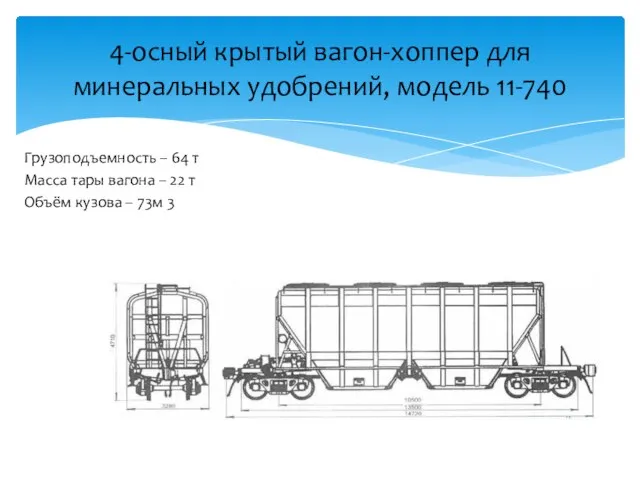 Грузоподъемность – 64 т Масса тары вагона – 22 т Объём кузова