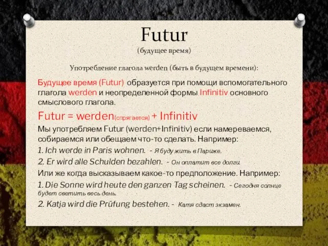 Futur (будущее время) Употребление глагола werden (быть в будущем времени): Будущее время