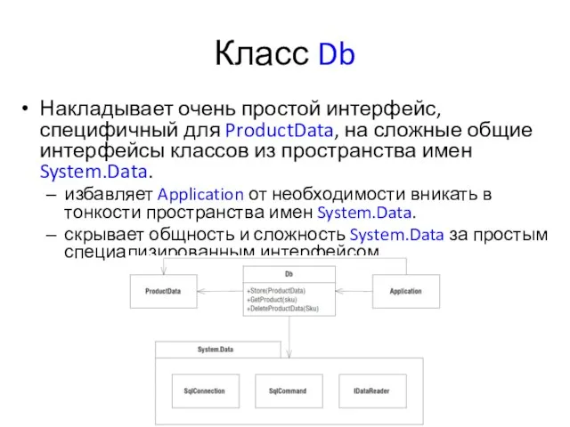 Класс Db Накладывает очень простой интерфейс, специфичный для ProductData, на сложные общие