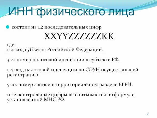 ИНН физического лица состоит из 12 последовательных цифр XXYYZZZZZZKK где 1-2: код