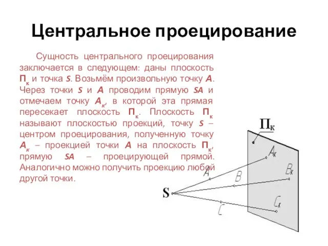 Центральное проецирование Сущность центрального проецирования заключается в следующем: даны плоскость Πк и