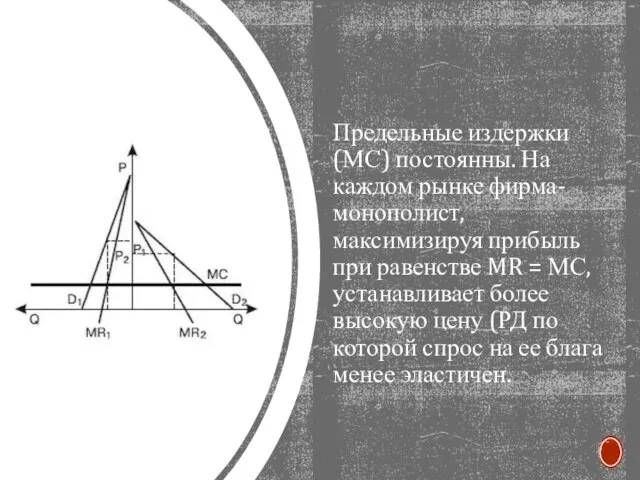 Предельные издержки (МС) постоянны. На каждом рынке фирма-монополист, максимизируя прибыль при равенстве