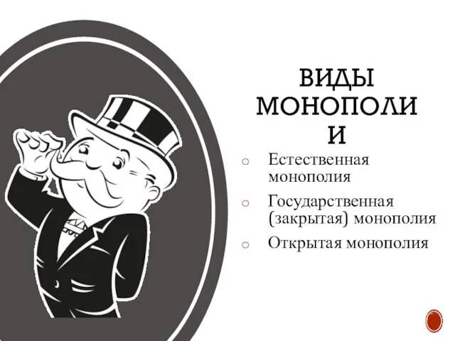 ВИДЫ МОНОПОЛИИ Естественная монополия Государственная (закрытая) монополия Открытая монополия