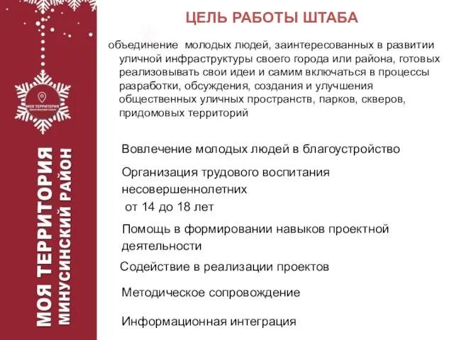 ЦЕЛЬ РАБОТЫ ШТАБА объединение молодых людей, заинтересованных в развитии уличной инфраструктуры своего