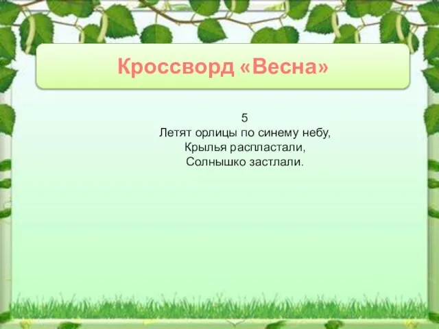 Кроссворд «Весна» 5 Летят орлицы по синему небу, Крылья распластали, Солнышко застлали.