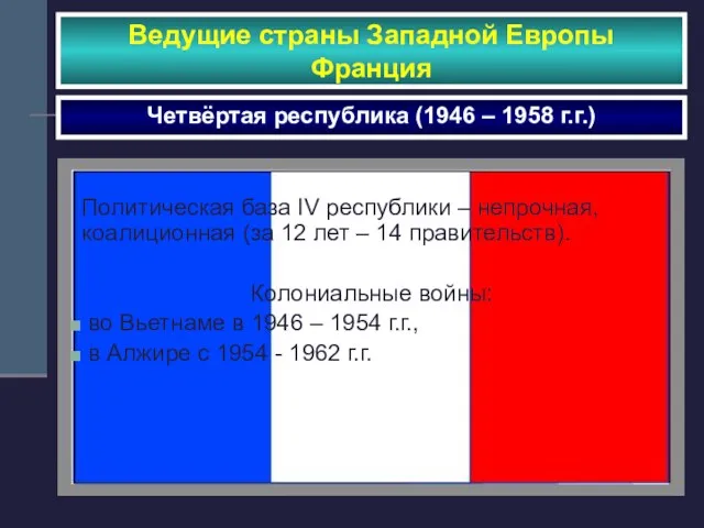 Ведущие страны Западной Европы Франция Четвёртая республика (1946 – 1958 г.г.) Политическая