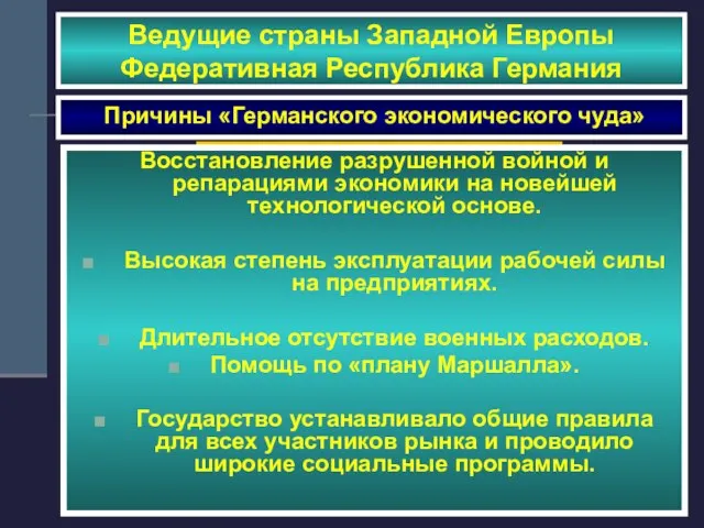 Ведущие страны Западной Европы Федеративная Республика Германия Причины «Германского экономического чуда» Восстановление