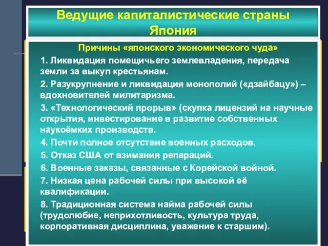 Ведущие капиталистические страны Япония Экономический урок из Второй мировой войны: необходимо использовать