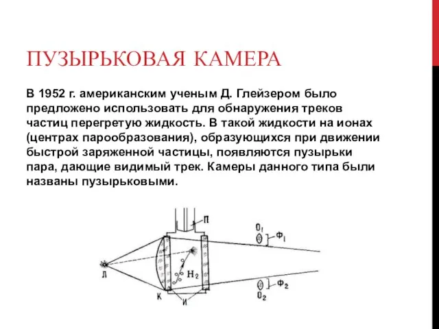 ПУЗЫРЬКОВАЯ КАМЕРА В 1952 г. американским ученым Д. Глейзером было предложено использовать