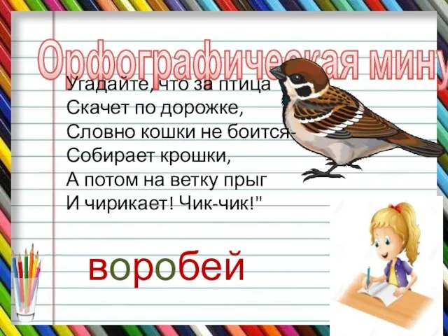 Орфографическая минутка Угадайте, что за птица Скачет по дорожке, Словно кошки не