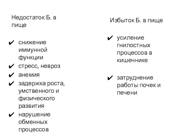 Недостаток Б. в пище снижение иммунной функции стресс, невроз анемия задержка роста,