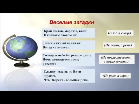 Веселые загадки Край снегов, морозов, вьюг Называем словом юг. Не юг, а