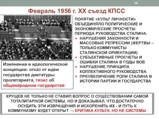 Февраль 1956 г. XX съезд КПСС ХРУЩЕВ НЕ ТОЛЬКО НЕ СТАВИЛ ВОПРОС