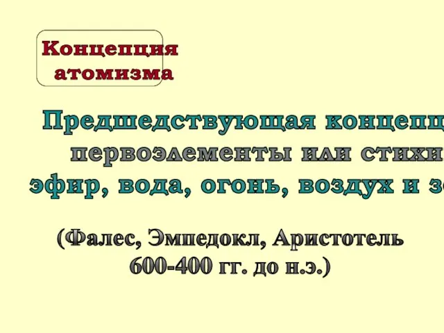 Предшедствующая концепция - первоэлементы или стихии: эфир, вода, огонь, воздух и земля